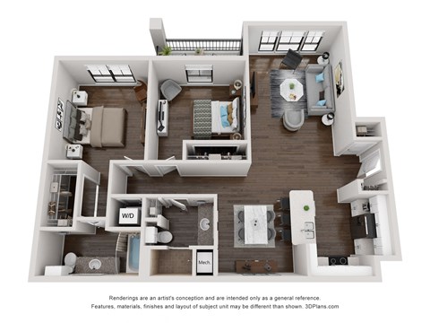 Floor plan for 2 beds, 2 baths, 1140 sqft